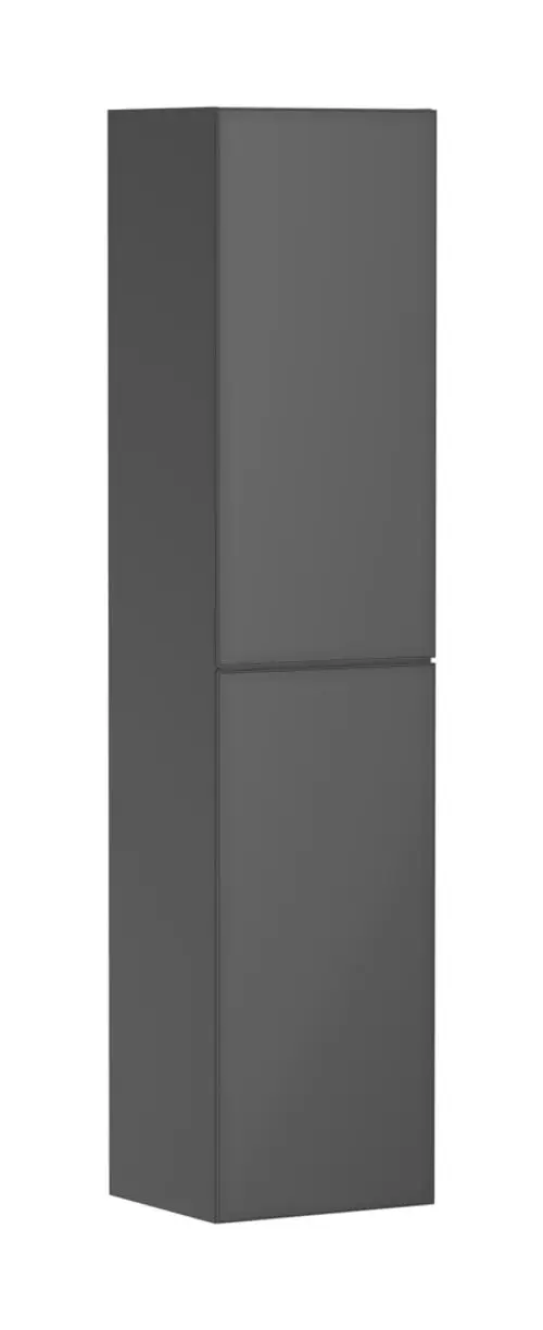 Vertikaler Hochschrank in schiefergrau Matt, mit zwei Türen und Türanschlag links. Der Schrank ist schlicht und passt in moderne Wohnräume. Hansgrohe Logo nicht sichtbar.